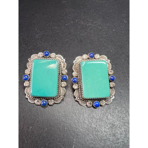 Signed Vintage Dead Stock Bernyse Chavez Sterling Turquoise Lapis Earrings - Picture 8 of 15